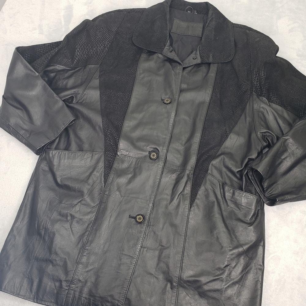 Leather Snake Texture Panel‎ Jacket Womens XL Black Button Up Deep Welt Pockets